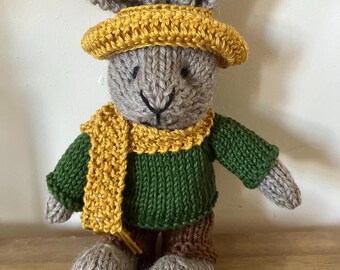 Small Handknit Rabbit in Green Jumper and Brown Shorts