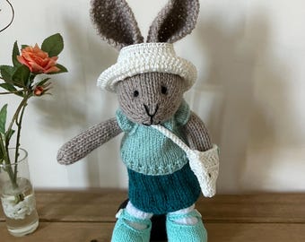 Hand knitted Bunny in Teal Skirt and Mint T-shirt