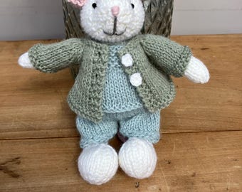 Small Handknit Mouse in Blue Cami, Shorts and Sage Green Cardigan