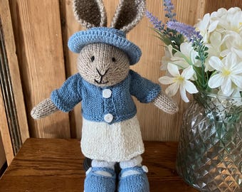 Hand Knitted Rabbit in Cream and blue