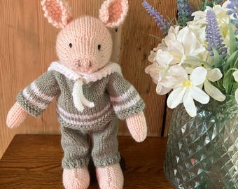 Hand Knitted Pink Pig in a Sage Green Sailor Suit