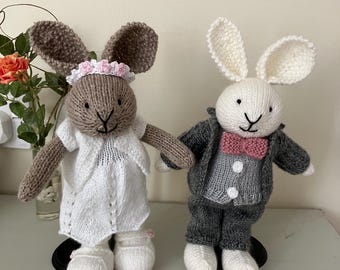 Hand Knitted Bride and Groom Rabbits in Wedding Outfits