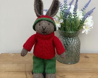 Hand Knitted Rabbit in Christmas Colours