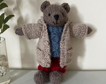 Small Handknit Bear in Blue Jumper, Red Trousers and Duffel Coat