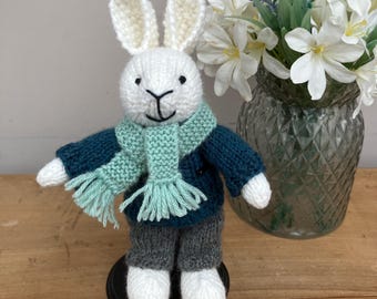 Small Handknit White Rabbit in Petrol Blue  Jumper and Grey Trousers