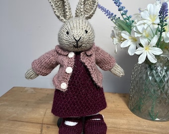 Hand Knitted Rabbit in Dusky Pink Cardigan and Burgundy Textured Dress
