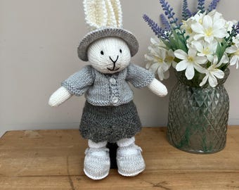 Hand Knitted Rabbit in Grey Dress and Light Grey Cardigan