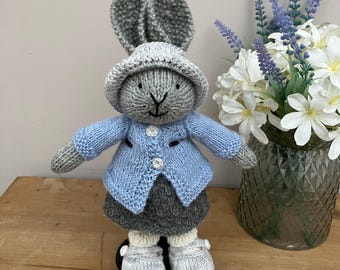Hand Knitted Rabbit in Grey Dress and Blue Cardigan