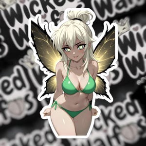 May include: A sticker featuring a cartoon fairy with blonde hair, green eyes, and a green bikini. The fairy has large, detailed wings with a golden glow. The sticker has a white border and a black and white background with the words "Wicked Waffles".