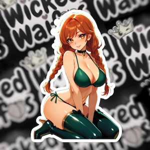 May include: A sticker depicting an anime-style character with red braids, wearing a green bikini, thigh-high boots, and a choker. The sticker has the words "Wicked Waif" in a repeating pattern on a monochrome background.