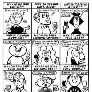 Peut inclure: Une illustration de bande dessinée en noir et blanc de différentes personnes buvant de la bière. La bande dessinée est intitulée "Variety is the Pints of Life".