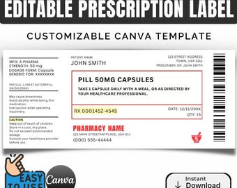 Modèle d'étiquette de bouteille d'ordonnance | Etiquette horizontale RX modifiable | Sticker pour bouteille de pilules personnalisé | Étiquette de pharmacie Canva