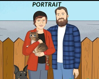 Personalized Family Portrait from Photo, Custom Cartoon Couple & Pet Portrait, Anniversary Gift, Digital Download