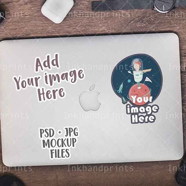 JPG + PSD Vinyl decal / sticker PC MacBook Mockup, cover Laptop Smart Cover Mockup, iMac cover case mock-up smart object, Coffee Mockup Pc