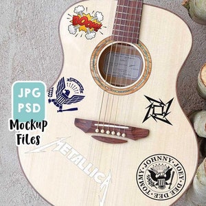 PSD + JPG  Vinyl decal / sticker Guitar Mockup, Laptop Desktop Product Mockup, acoustic guitar mock up, sticker  smart object mockup