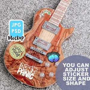 PSD + JPG Vinyl decal / sticker Guitar Mockup, Laptop Desktop Product Mockup, acoustic guitar mock up, sticker  smart object mockup