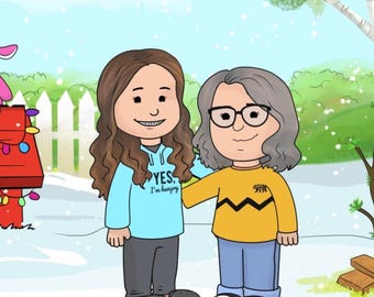 Portrait de famille personnalisé de dessin animé à partir d'une photo, style bande dessinée minimaliste mignon, cadeau de Noël personnalisé rétro, illustration de famille et d'animal de compagnie de cacahuètes