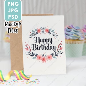 PNG + jpg + PSD モックアップ 文房具スタイル、グリーティング カード モックアップ、ベビー シャワー招待状モックアップ、紙カード モックアップ、赤ちゃんの誕生日カード モックアップ。