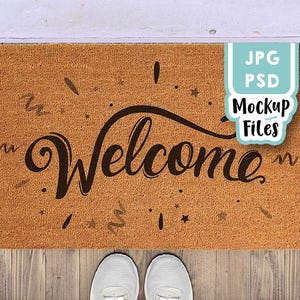 Rug JPG + PSD Mockup, Doormat  Rug Mockup, Home Door Mat Mockup, Black Letters Rug Photoshop Mockup