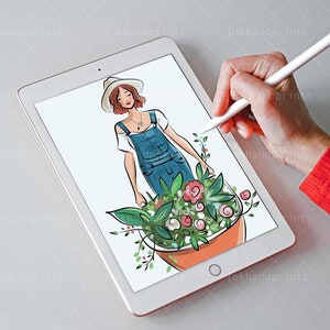 May include: A digital illustration of a woman wearing a white hat, white shirt, and blue overalls. She is holding a pot of flowers with pink, white, and green flowers.