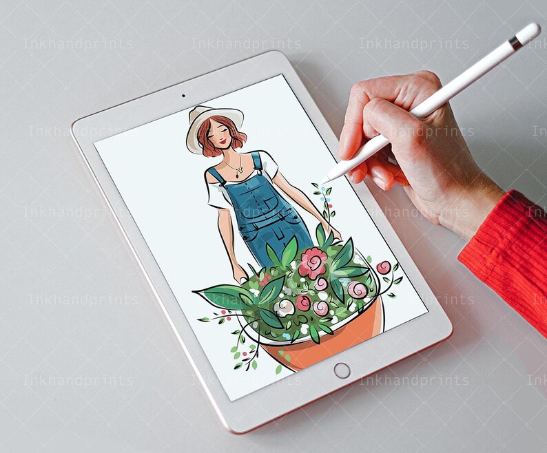 May include: A digital illustration of a woman wearing a white hat, white shirt, and blue overalls. She is holding a pot of flowers with pink, white, and green flowers.