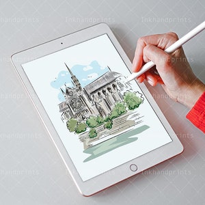 May include: A digital drawing of Notre Dame Cathedral in Paris, France. The drawing is in a sketch style and features the cathedral's iconic towers and stained glass windows. The drawing is on a white background.