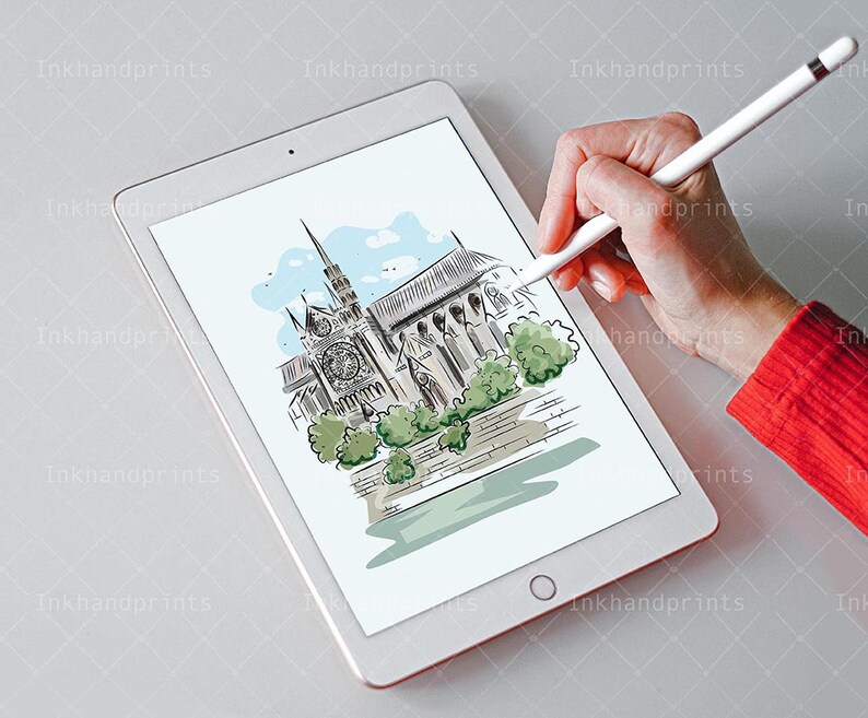 May include: A digital drawing of Notre Dame Cathedral in Paris, France. The drawing is in a sketch style and features the cathedral's iconic towers and stained glass windows. The drawing is on a white background.
