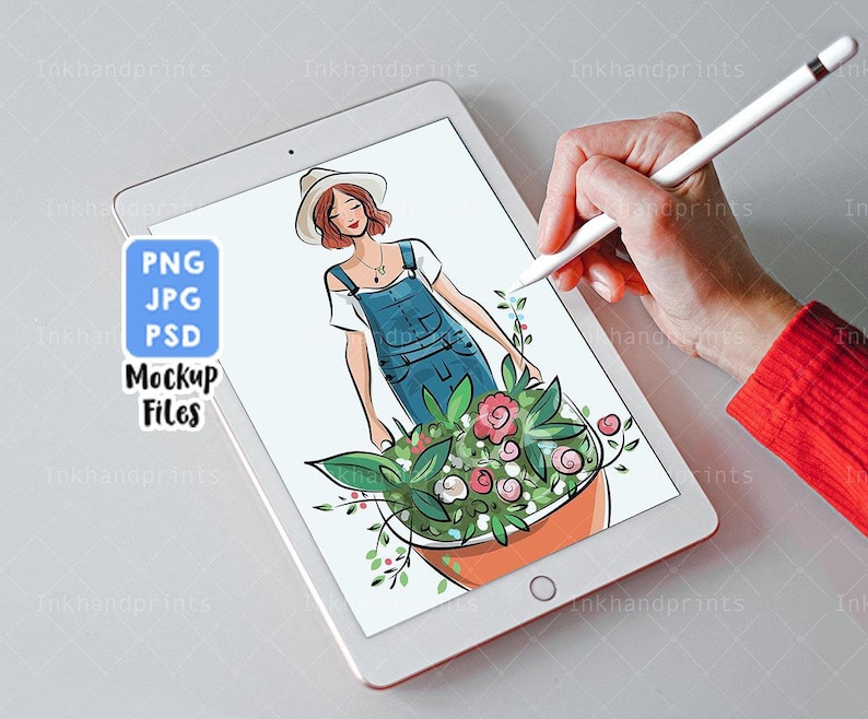 May include: A white tablet with a drawing of a woman in a straw hat and overalls holding a pot of flowers. The tablet is on a white surface and a hand is holding a stylus above the tablet.