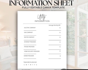 Modèle de toile de feuille d'informations sur les utilitaires | Liste des agents immobiliers fournisseurs de services publics | Modèle de marketing immobilier| Guide des utilitaires pour l'acheteur d'une maison modifiable