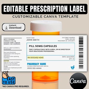 Puede incluir: Una plantilla de etiqueta de prescripción editable para un frasco de pastillas, con campos de texto para el nombre del paciente, detalles de la farmacia, instrucciones de dosificación y un código de barras sobre fondo blanco.