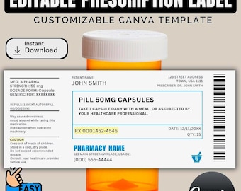 Modèle d'étiquette d'ordonnance modifiable, modèle Canva d'étiquette de pharmacie, étiquette de flacon de médicament imprimable, étiquette d'ordonnance de Rx, téléchargement immédiat