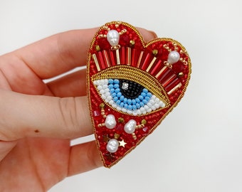 Heart evil eye brooch. Red gold heart brooch. Beaded brooch with pearls and hematite.
