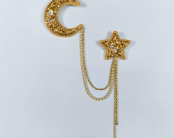 Moon and Star Brooch Set: Beaded Celestial Brooch with Gold Chains