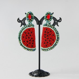 Watermelon earrings. Fruit beaded earrings. Bright red-green earrings. image 6