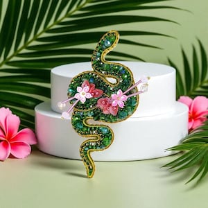 Beaded Snake Brooch, Green Serpent Pin with Pink Flowers, Embroidered Snake Jewelry, Statement Reptile Brooch, Floral Snake Pin