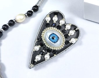 Mini Evil Eye Black Heart Brooch