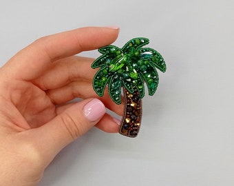 Palm tree brooch. Tropical tree brooch. Green beaded brooch.