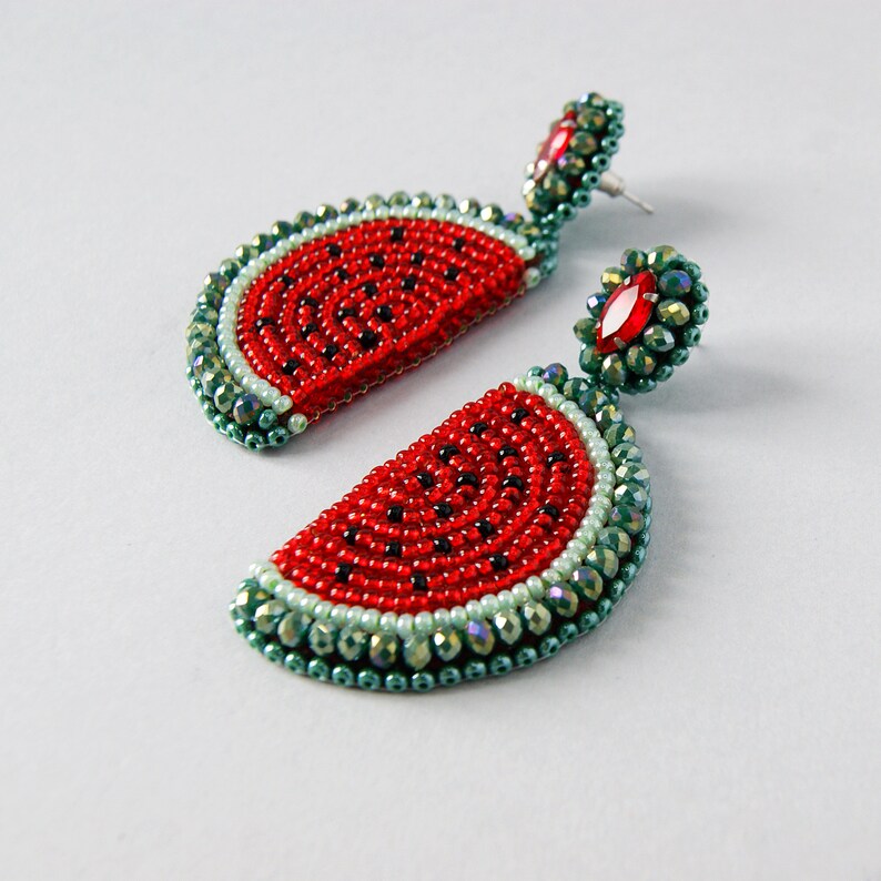 Watermelon earrings. Fruit beaded earrings. Bright red-green earrings. image 2