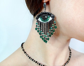 Evil eye earrings and beaded choker. Black, green, silver fringe earrings.