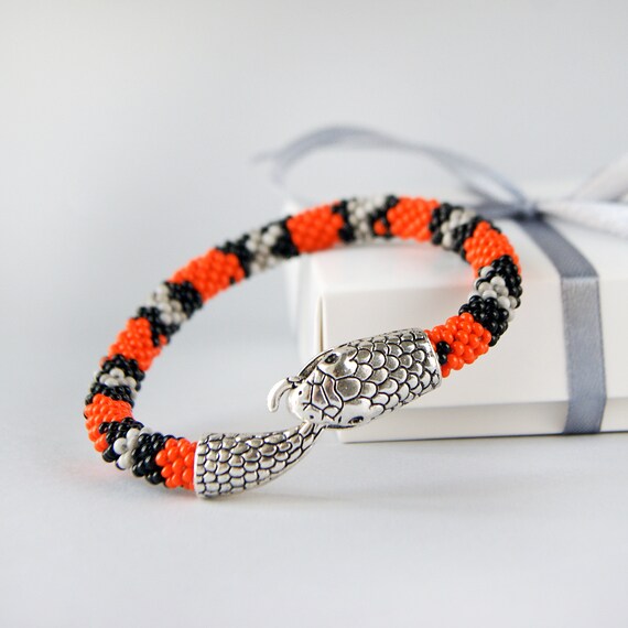 Royal snake bead bracelet. Orange black bracelet. Seed bead Etsy