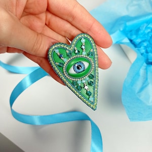 Evil Eye Heart Brooch, Green Blue Silver Heart Brooch, Blue Eye Brooch