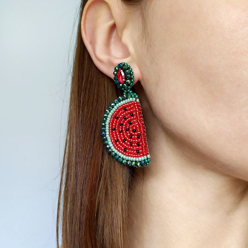 Watermelon earrings. Fruit beaded earrings. Bright red-green earrings. image 1