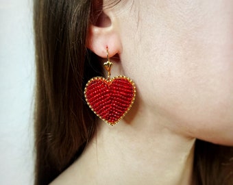 Red heart beaded earrings. Bright statement earrings.