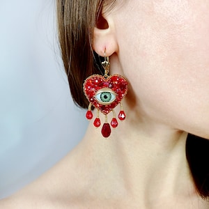 Evil eye heart earrings. Blood drop earrings. Red and gold heart earrings.