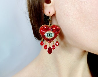Evil eye heart earrings. Blood drop earrings. Red and gold heart earrings.