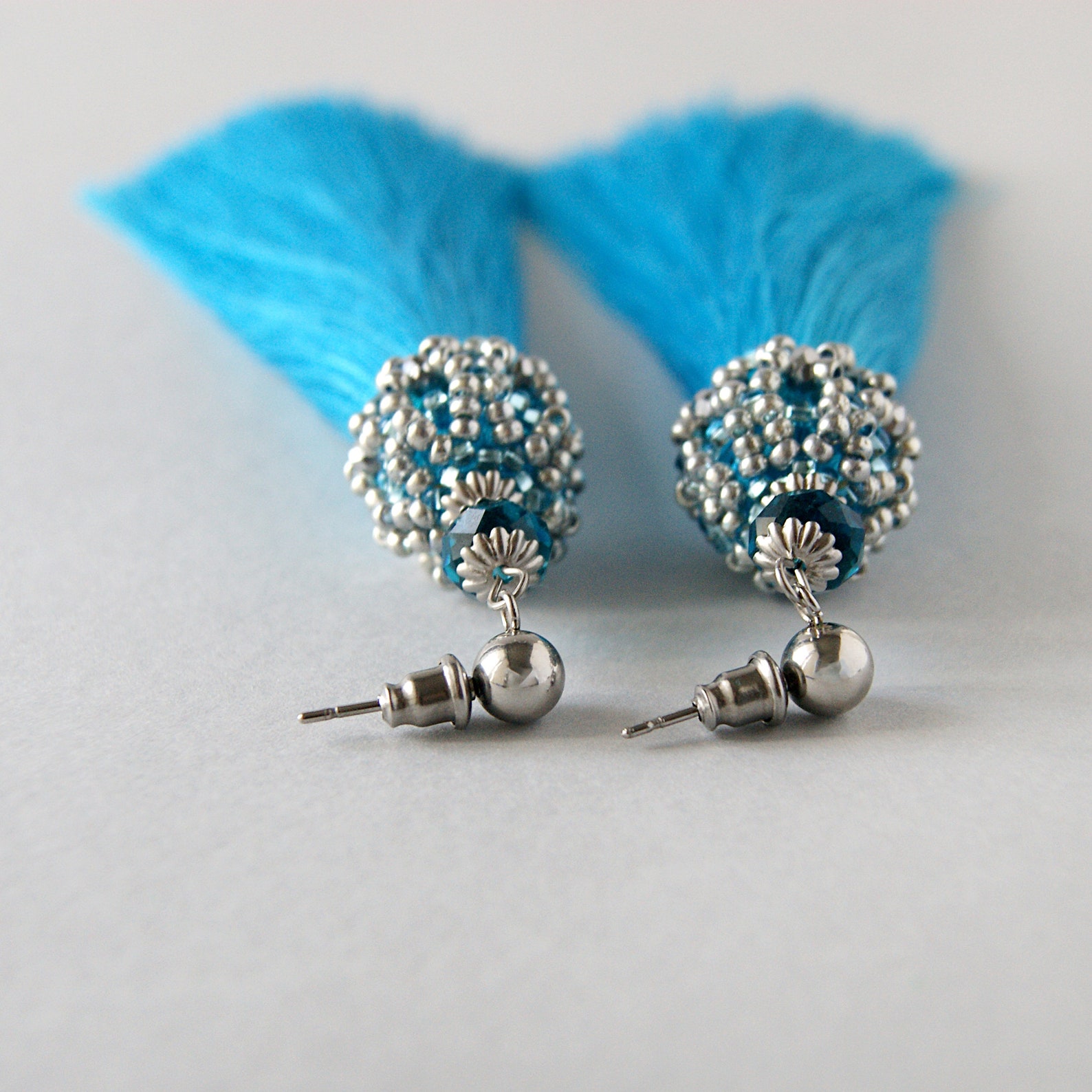 Light blue tassel earrings. Long statement earrings. Etsy