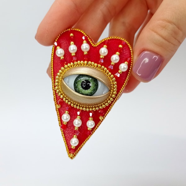 Red Heart Evil Eye Brooch, Beaded Statement Pin with Faux Pearl and Crystal Accents