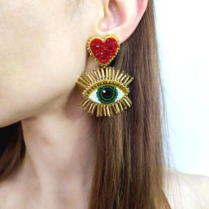 Beaded Evil Eye Earrings with Green Eye and Red Heart