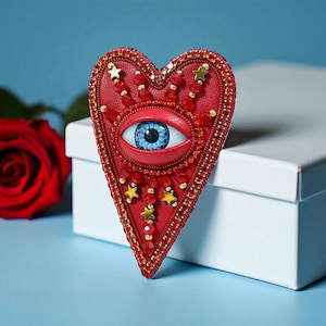 Evil Eye Heart Brooch, Red Heart Pin with Blue Eye, Beaded Embroidery Jewelry