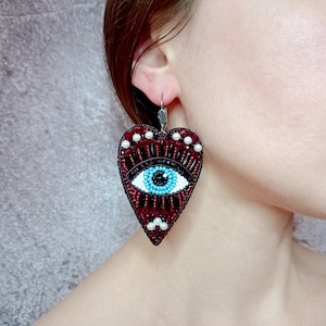 Evil eye earrings. Black and red heart earrings. Large statement earrings.